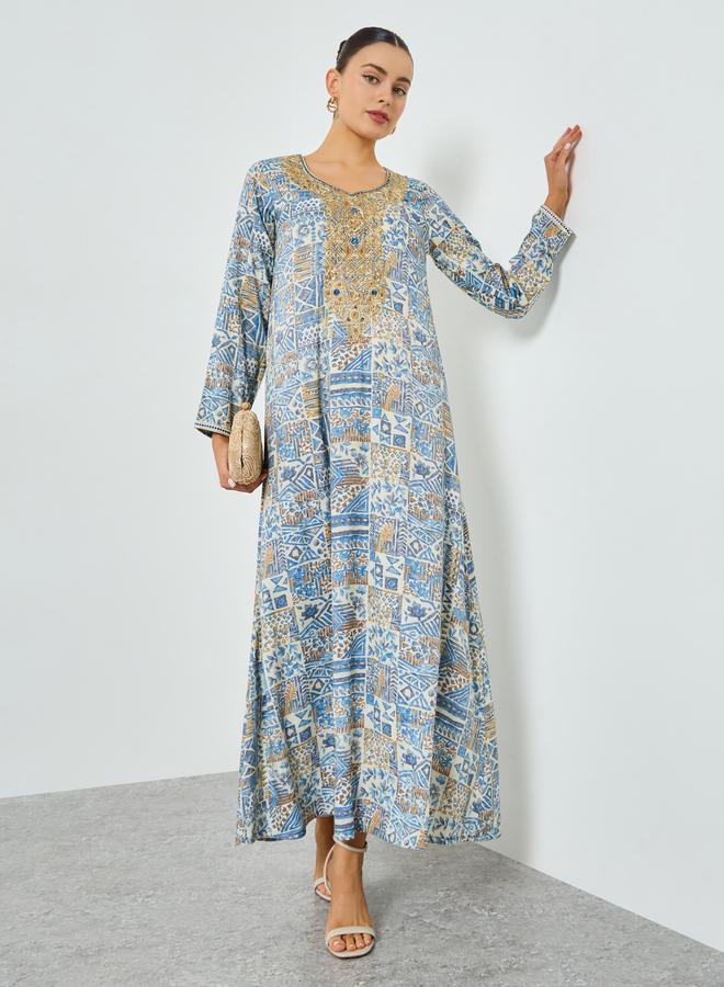Maxim Creation Blue Printed Embroidered A-Line Jalabiya - Image 5